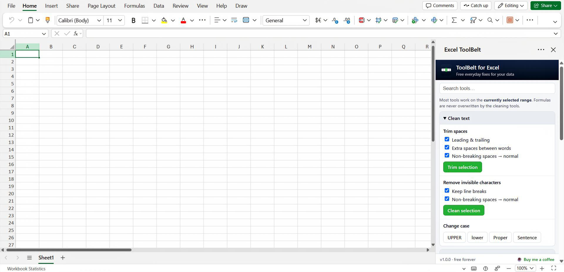 ToolBelt for Excel task pane open in Excel, showing the Clean text tools